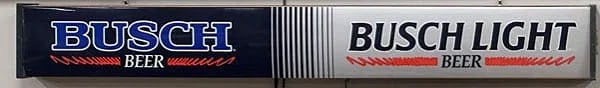 Vintage Busch Beer Light Box Illuminated Bar Sign: Item Details Description This is a vintage illuminated bar sign featuring the logos of Busch Beer and Busch Light. The sign is likely from the late 20th century, showcasing classic branding with bold