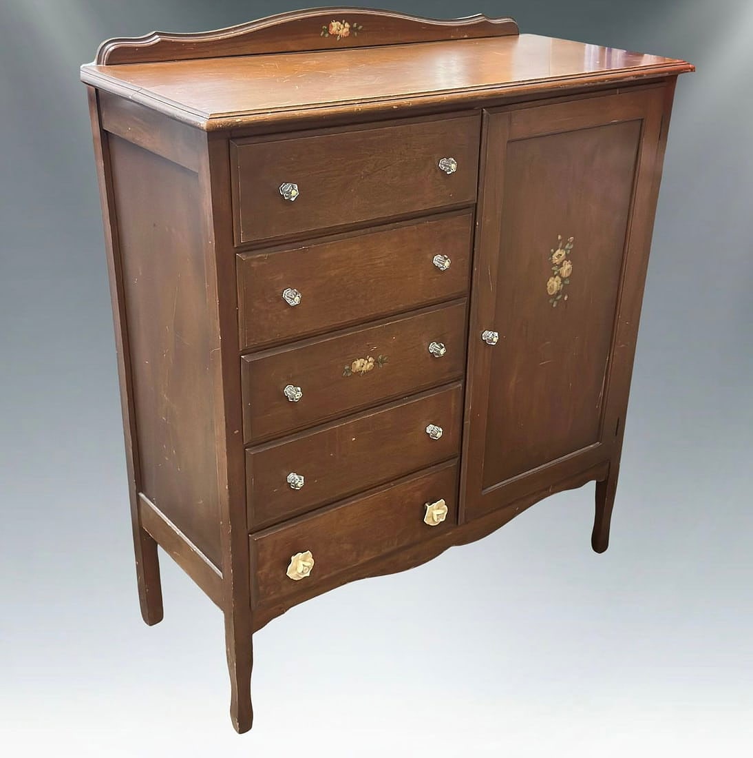 Depression Era Walnut Chifferobe with Hand-Painted Roses & Original Glass Hardware - 1920s-30s (1 of 7)