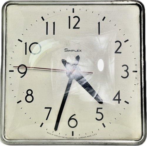 Simplex Time Recorder Square Industrial Wall Clock - Gardner, Mass.: A Simplex Time Recorder Co. industrial wall clock from Gardner, Massachusetts, USA. Square metal case construction with protective glass face cover. Features prominent black numerals and hands with re