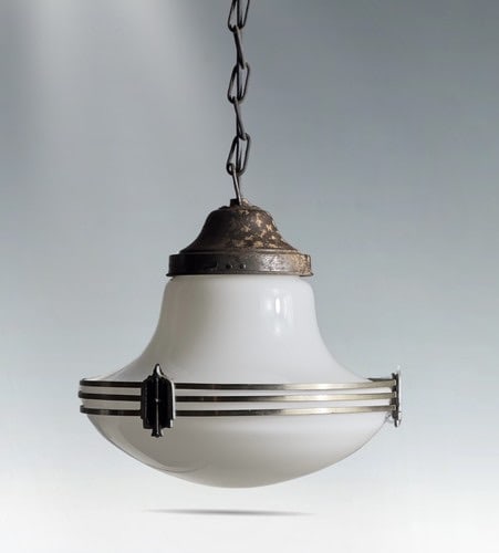 Art Deco Period Milk Glass Pendant Fixture with Metal Banding (1 of 12)