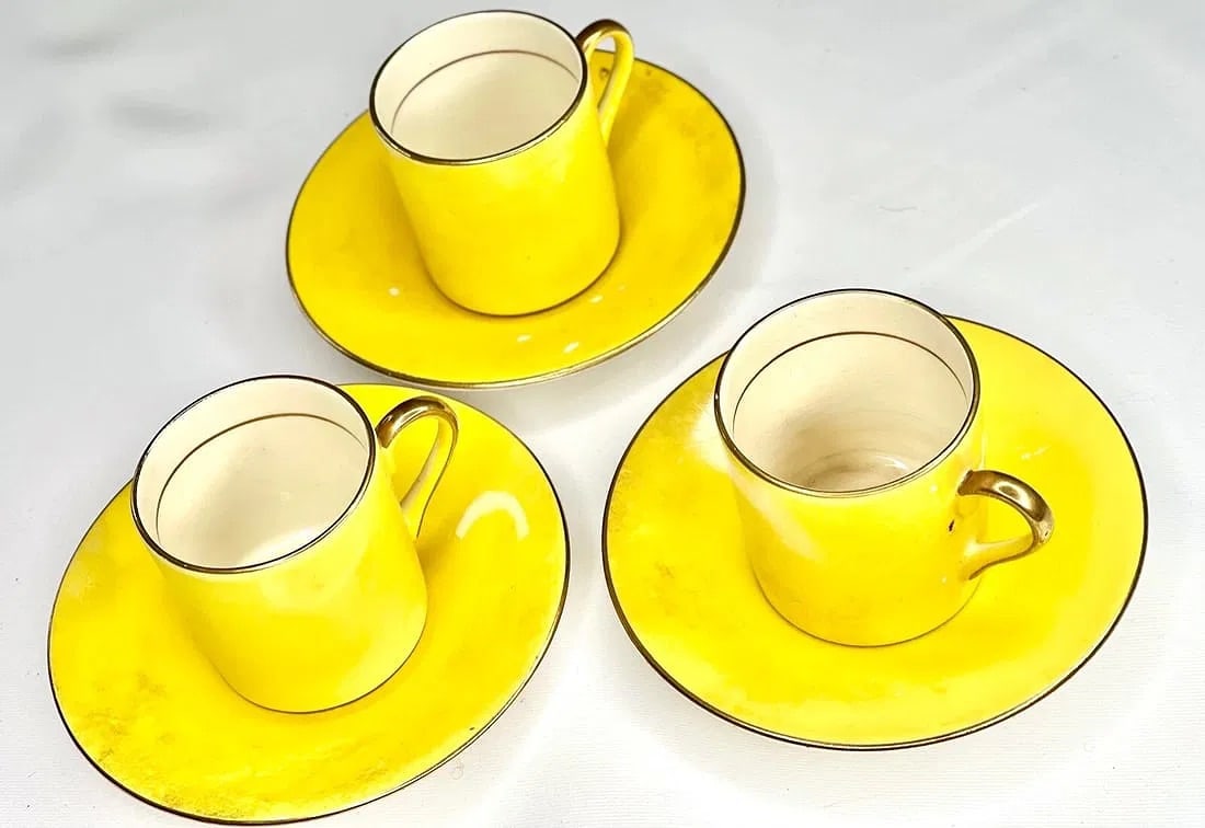 Foley Bone China Fondeville Ambassadorware Yellow Tea Service - 3 Cup & Saucer Sets: Three tea cup and saucer sets from Foley Bone China Fondeville Ambassadorware in bright yellow glaze with gold trim. Fine bone china construction marked 'Foley Bone China, Ambassador Ware, Fondeville