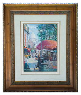 La Parasol Rogue by H. Claude Pissarro, Pastel: This original pastel by H. Claude Pissarro depicts a Montmartre street scene with red parasols and the white dome of a basilica in the background. Signed and accompanied by a 2006 certificate of authe