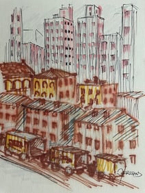City Streetscape by Jack Herland, Pen and Watercolor on Paper