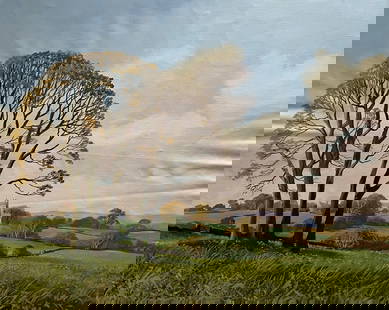 Landscape by Richard Wood, Oil on Canvas: Landscape is a 20 x 24 inch oil painting on canvas by Richard Wood, signed by the artist and likely created between the 1960s and 1980s. The scene depicts a quiet rural countryside with a cluster of t