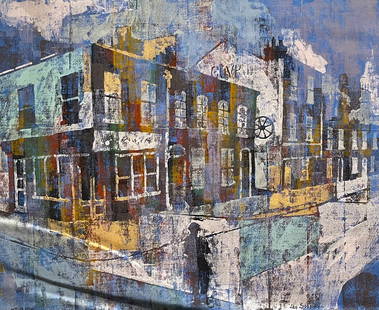 Cityscape by Leopold Solomon, Oil on Canvas: Cityscape is a 24 x 30 inch oil painting on canvas by Leopold Solomon, signed by the artist. Likely created in the 20th century, the composition features an abstracted urban street scene rendered in l
