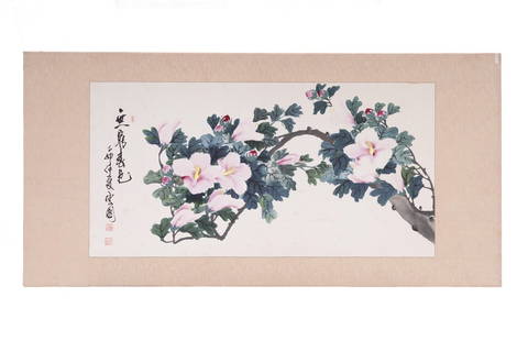 Chinese Floral Composition, Ink and Watercolor on Paper: Chinese ink and watercolor painting on paper depicting a flowering branch with pink blossoms and green foliage. The work includes vertical calligraphy and red seal marks, likely indicating the artist'