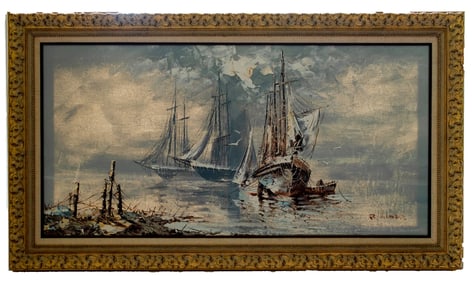 Harbor Scene with Sailing Ships - B. Wilder, Oil on Canvas