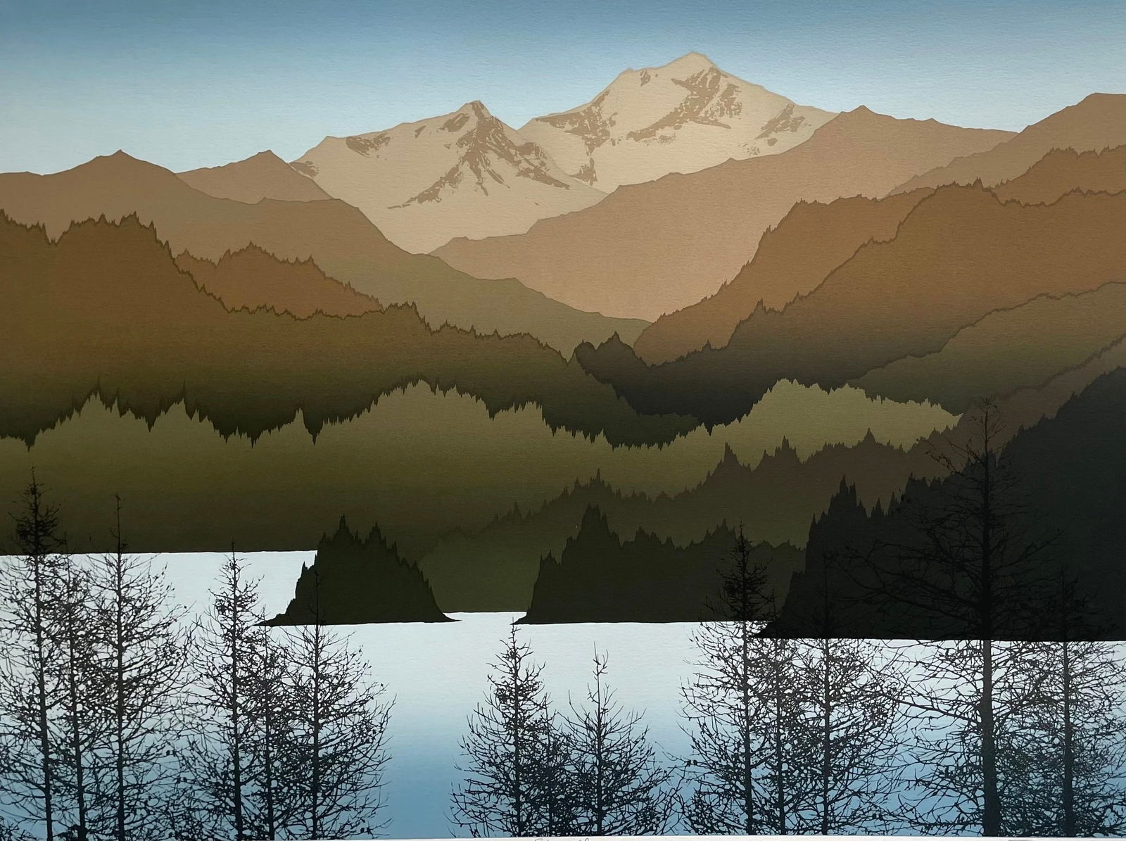 Sky Lake - Robert Wilson, Signed Serigraph, 25/375: Sky Lake, serigraph on paper, circa 1960s-1980s, signed and numbered 25/375. The work presents a stylized landscape with geometric brown mountain forms beneath a blue sky. Leafless trees appear in the