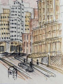 City Streetscape - Jack Herland, Pen & Watercolor Drawing