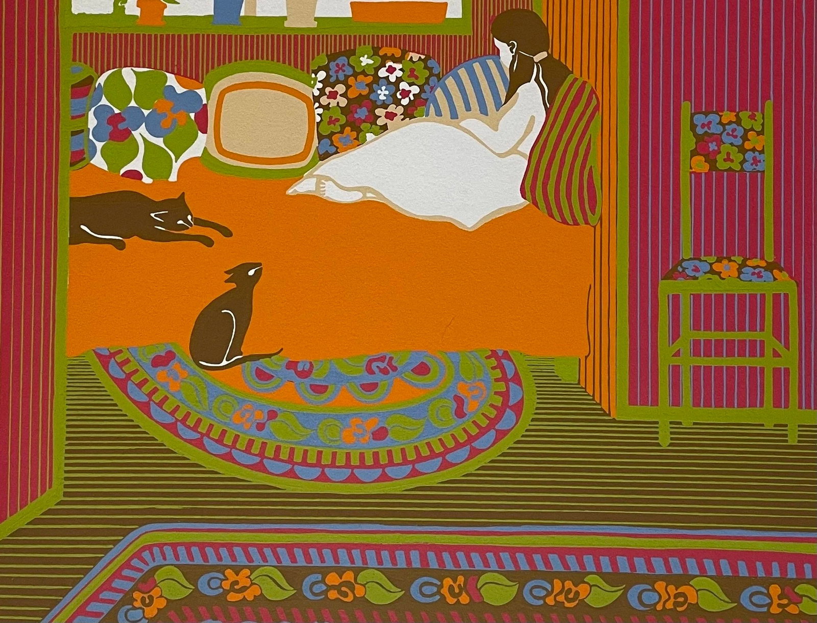 Virgin in Orange - Anique Taylor, Serigraph, 161/325: Virgin in Orange by Anique Taylor, serigraph on paper, signed and numbered 161/325. Depicts a seated female figure reading amid cats and lush plants, rendered in bold orange, pink, and green tones. Sh