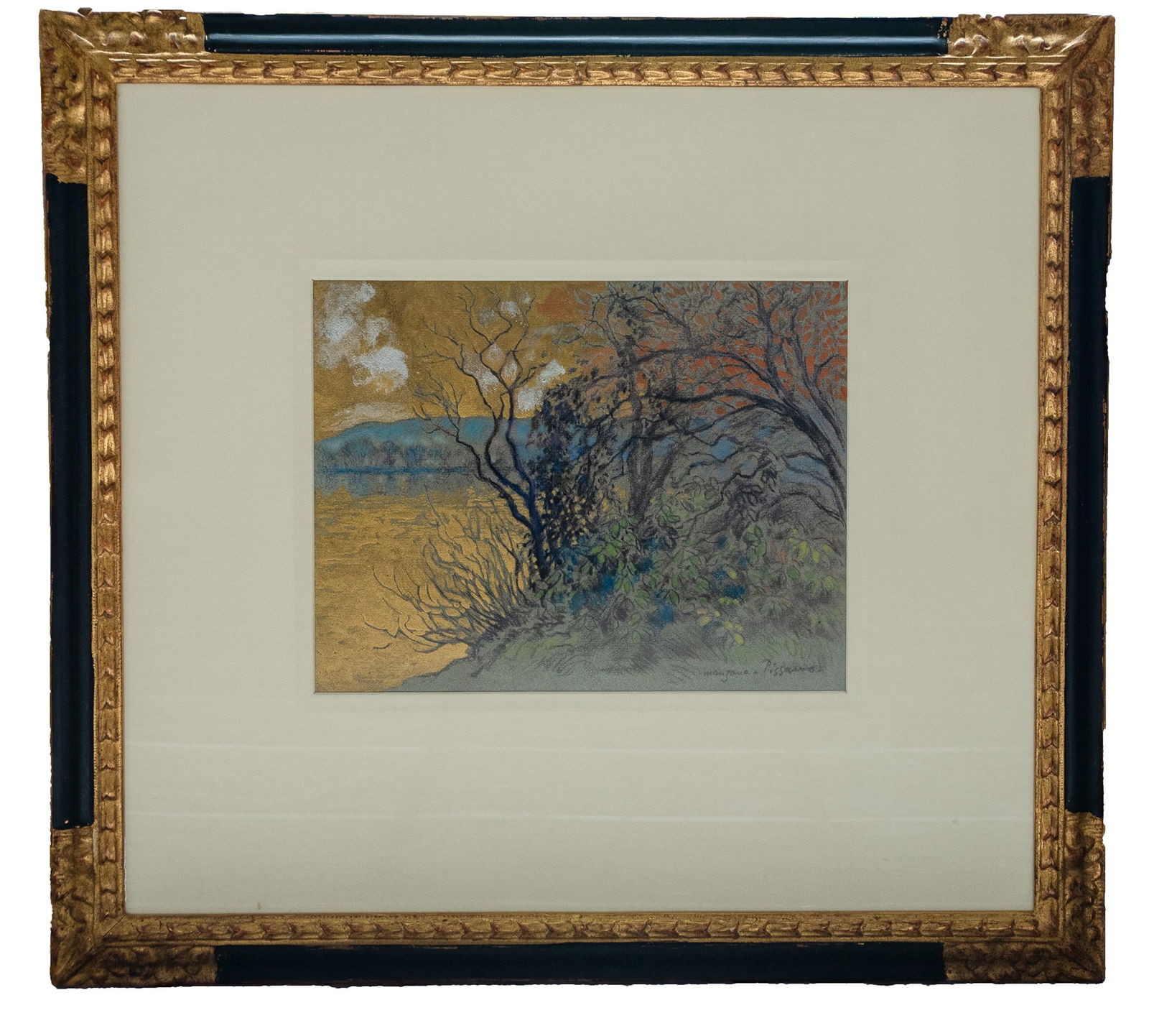 Riverbank - George Manzana Pissarro, Mixed Media: Riverbank is a mixed media composition by Georges Manzana Pissarro (1871-1961), the son of Camille Pissarro. Executed with gold and silver leaf, this atmospheric landscape blends Impressionist and Sym