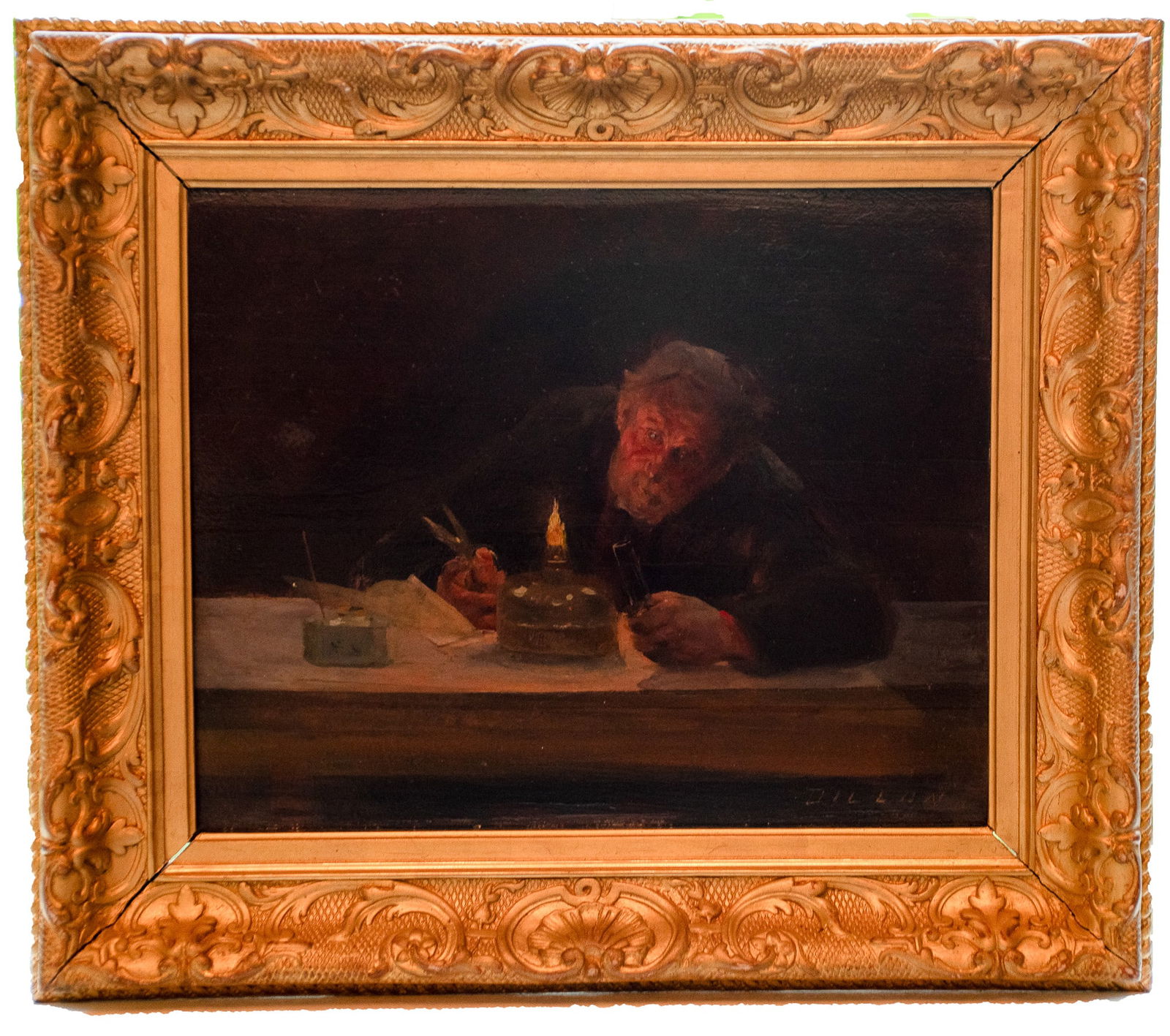 The Scholar by Candlelight - Signed Dillon, Oil on Canvas: Oil on canvas, signed "Dillon," depicting an elderly man reading by candlelight. Rendered in the academic realist style with strong chiaroscuro. 17" W × 14" H.
