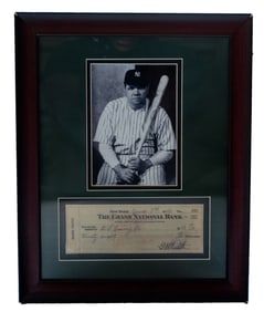 Babe Ruth - Framed Repligraph Photograph with Bank Check Facsimile