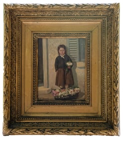 Girl with Flowers - F. Plaisant, Oil on Panel