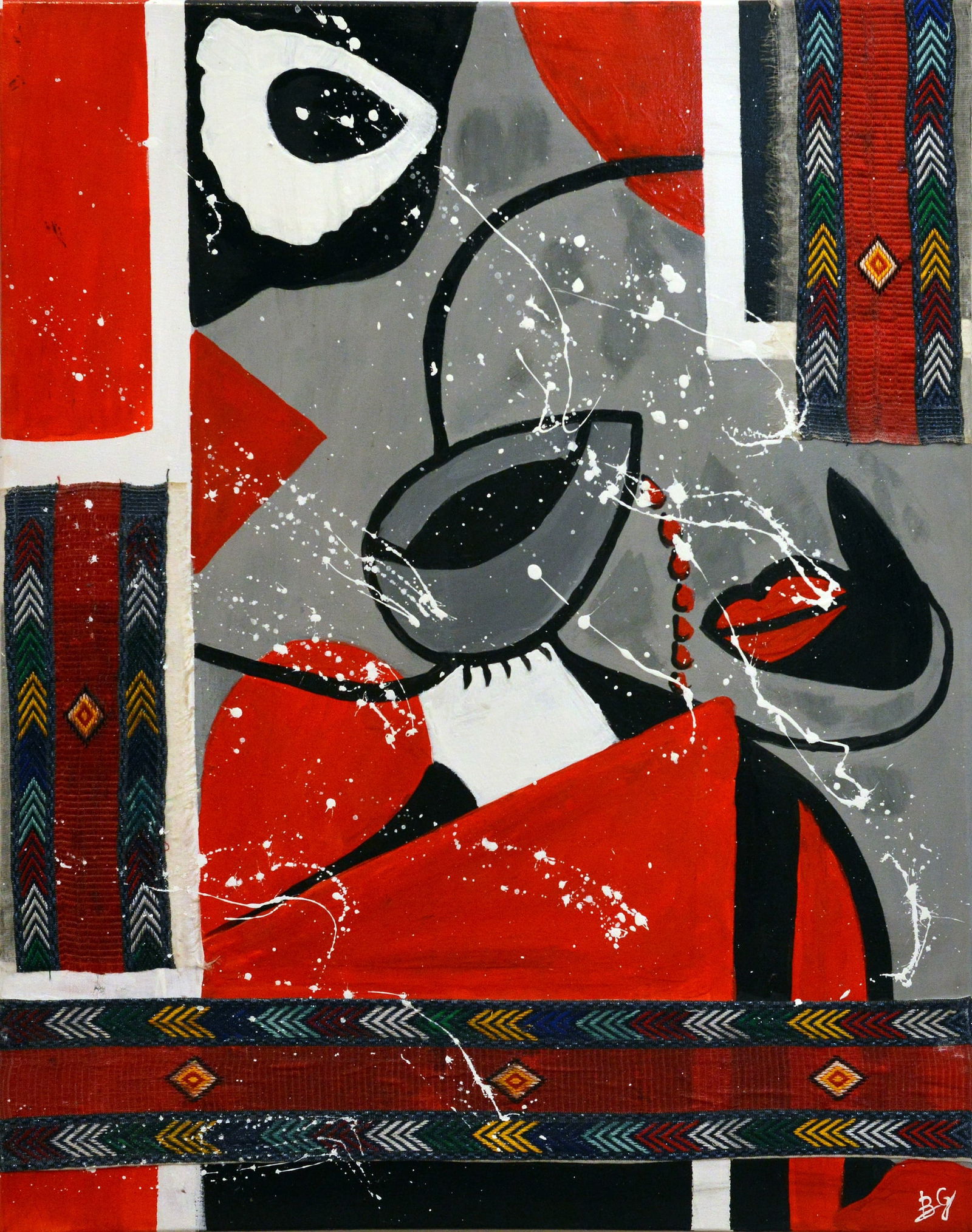 Cultural Fusion - Rebeka Gatechew, Mixed Media: Mixed media on canvas by Rebeka Gatechew featuring geometric forms in red, black, and white, with patterned fabric sections. Framed; framed size: 24" H x 30" W