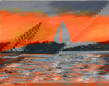 Crimson Sunset Sail - Yulias, Oil on Canvas