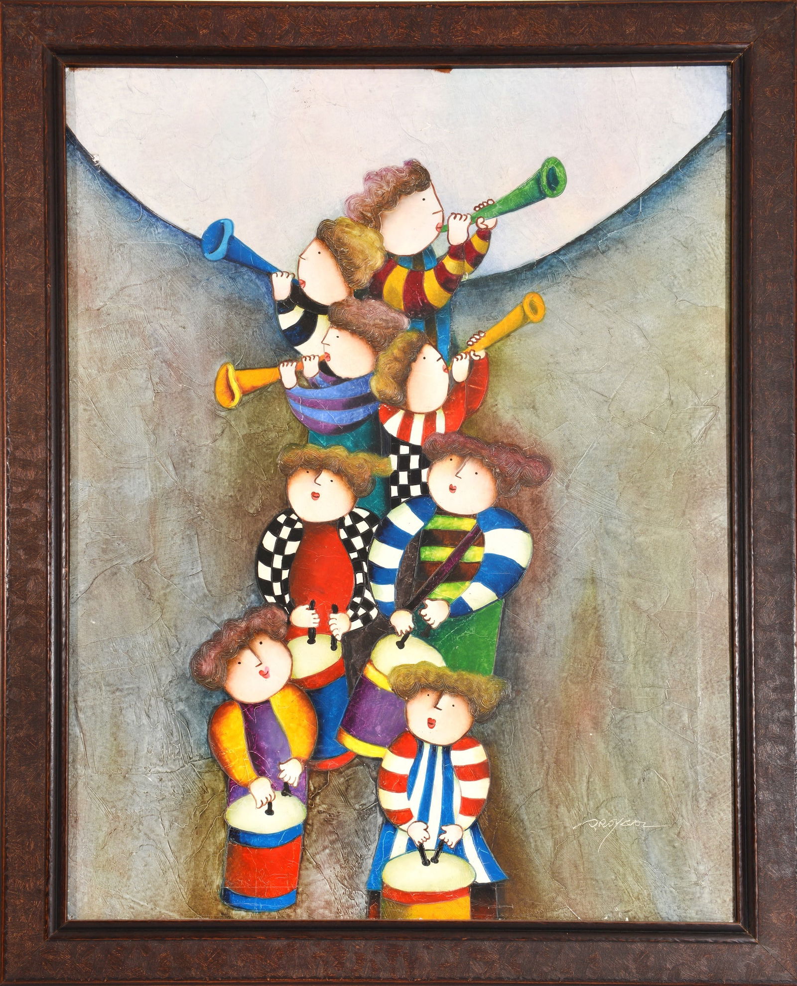 Symphony of Joy - J. Roybal, Oil on Canvas: Oil on canvas by J. Roybal depicting a group of children arranged in a vertical formation, playing drums and horns. Stylized figures in bright, patterned clothing set against a textured background. Si