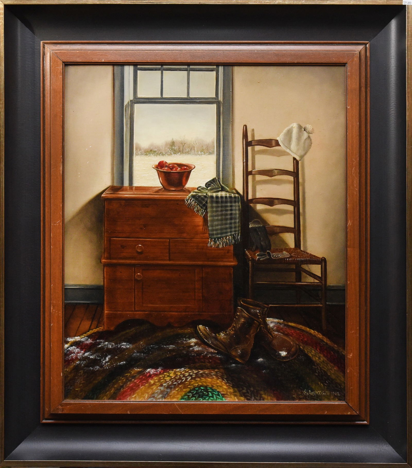 Winter Interior - Robert White, Oil on Board: Oil on board by Robert White (1921–2008), signed and dated 1983, depicting a winter interior with chair, dresser, and snowy view through a window. Framed; framed size : 29" W x 32" H