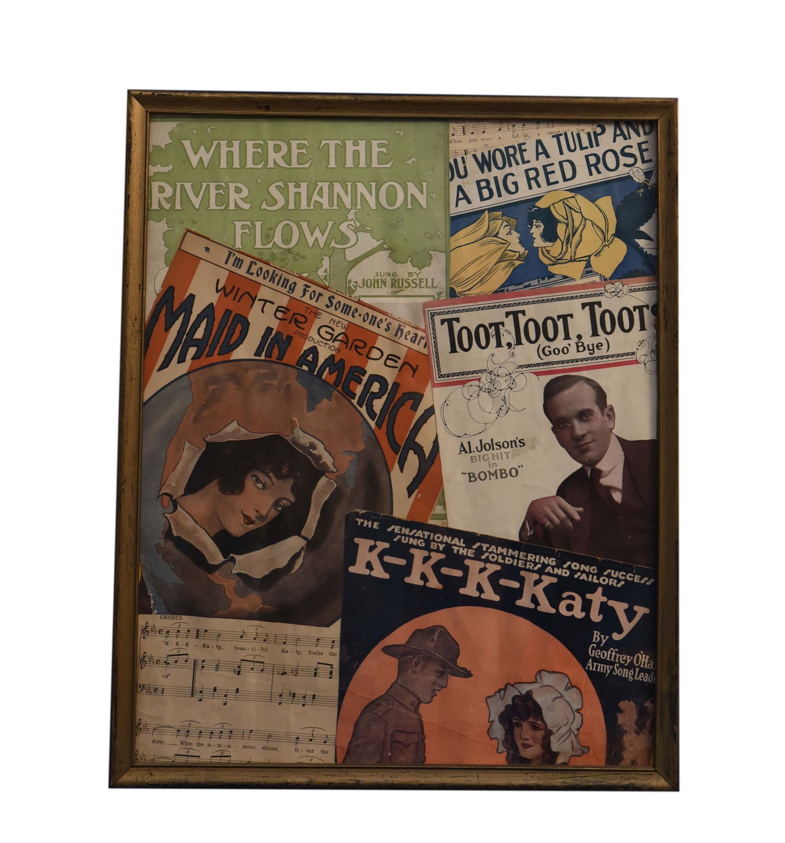 Echoes of Tin Pan Alley: A Musical Montage - Unknown artist, Mixed Media: Mixed media collage of vintage sheet-music covers and graphics referencing early 20th-century popular songs. Framed; framed size: 17" W x 21" H