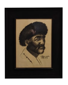 Portrait in Astrakhan Hat - Ghulam Sedik, Charcoal Drawing