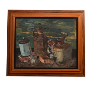 Rustic Still Life with Milk Cans and Daisies - L. Robinson, Oil on Board