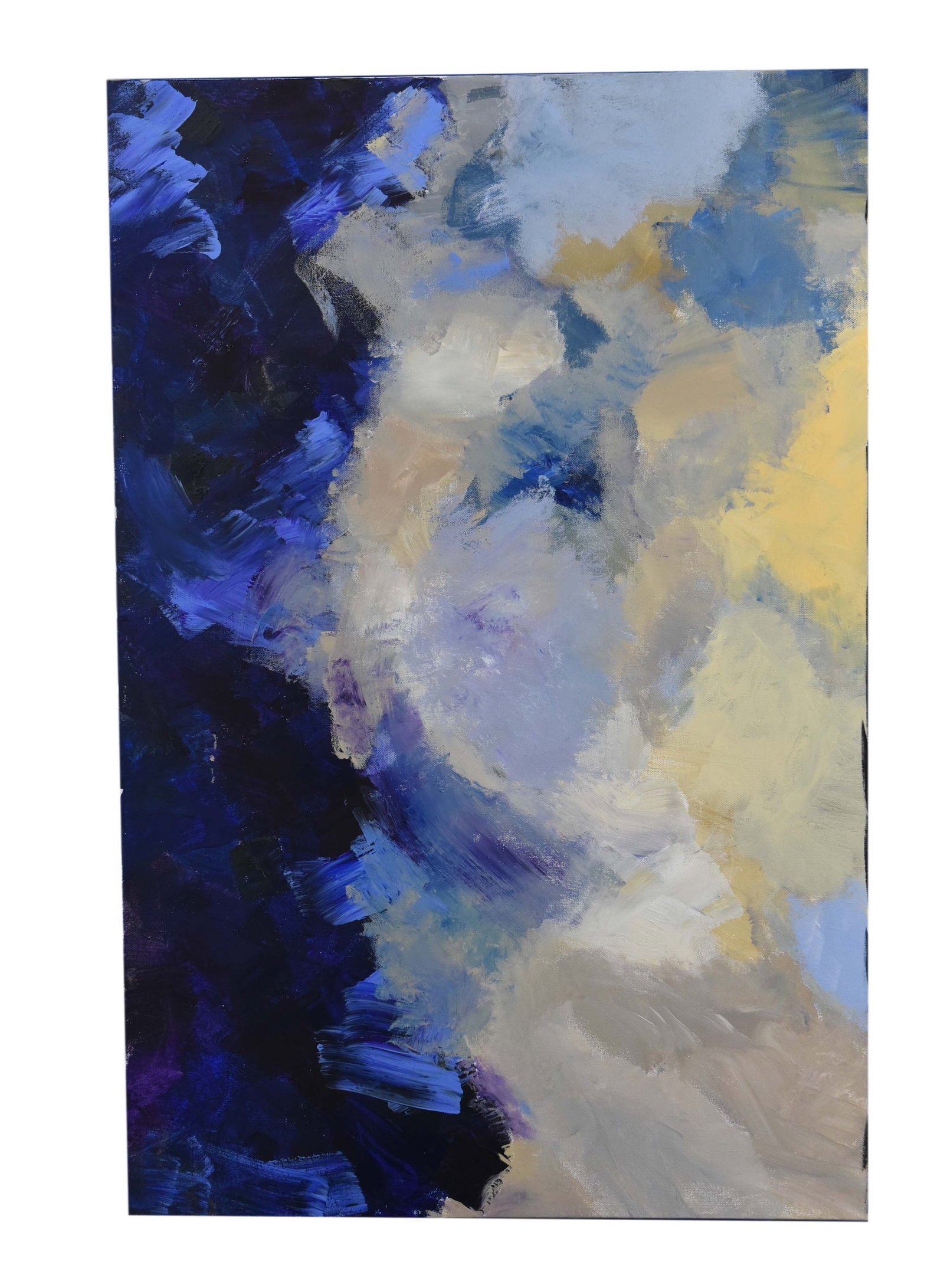 Twilight Hues - Lily Movahedi, Acrylic on Canvas: Acrylic on canvas by Lily Movahedi featuring bold, gestural strokes in blues, purples, and neutrals suggesting a dramatic sky or landscape. Unframed; size: 24" W x 36" H