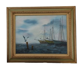 Moored Tall Ships - Unknown Artist, Oil on Canvas