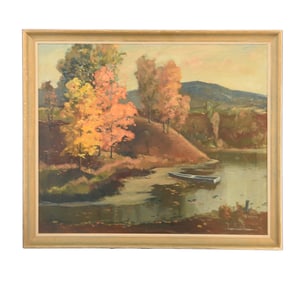 Autumn Waterside Vista - Unknown Artist, Oil on Canvas