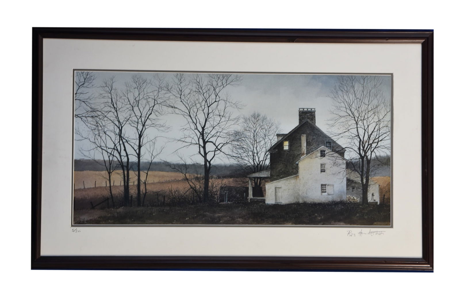 Winter Farmstead - Ray H. Watson, Lithograph: Signed and numbered lithograph (5/200) by Ray H. Watson of a stark winter farmstead with bare trees, historic buildings, and a single lit window under a pale sky. Matted and framed in dark wood; frame