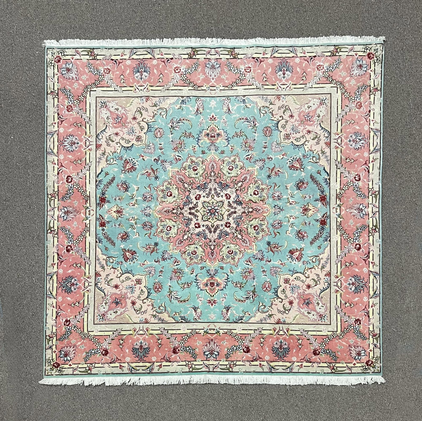 Handmade Square Silk Persian Tabriz Rug 6'7" x 6'8": Handmade Square Hand Woven Persian Tabriz Rug. Size 6'7" x 6'8" , made of high quality wool with silk highlights pile on cotton foundation, incorporating Tabriz design/pattern and finished off beautif
