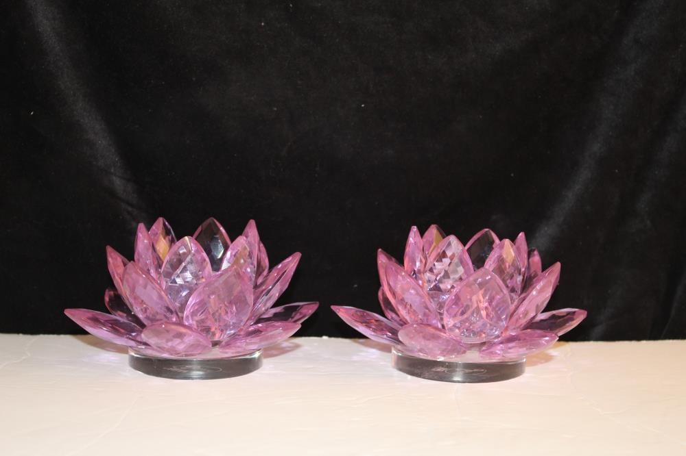 Crystal Purple Lotus Candleholder - Set Of 2: Crystal Purple Lotus Candleholder - Set of 2 . Dimensions: 5.5x3.25x10