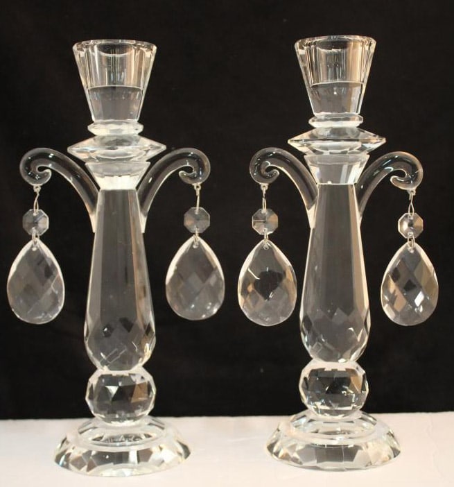 Crystal Candelholder With Drops Pair: Crystal Candelholder with Drops Pair . Dimensions: 10.5x4x6