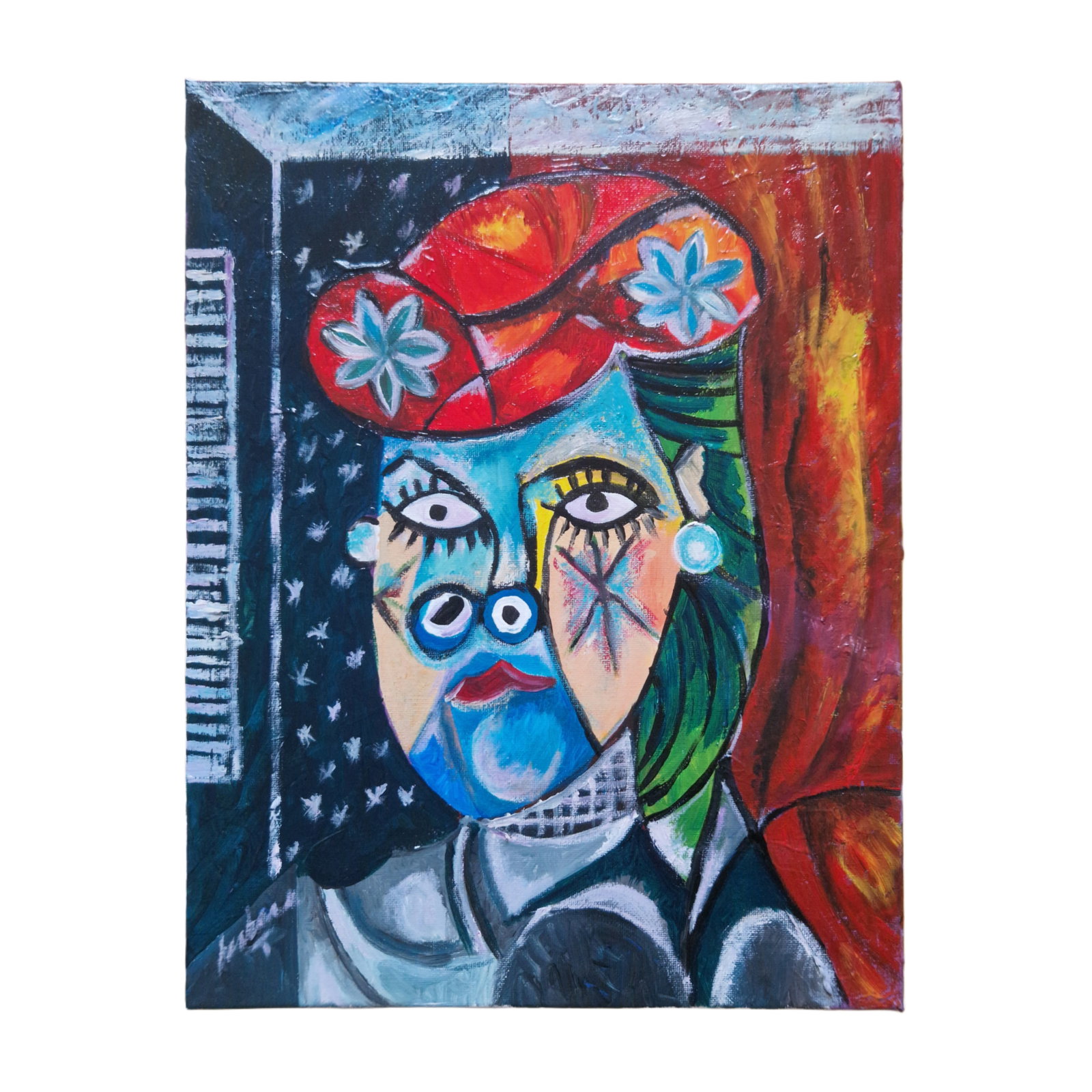 Contemporary Cubist Portrait, Oil on Canvas: Oil on canvas depicting a stylized female portrait rendered in a Cubist-inspired manner, with fragmented facial features and bold, expressive outlines. The composition combines vibrant contrasting col