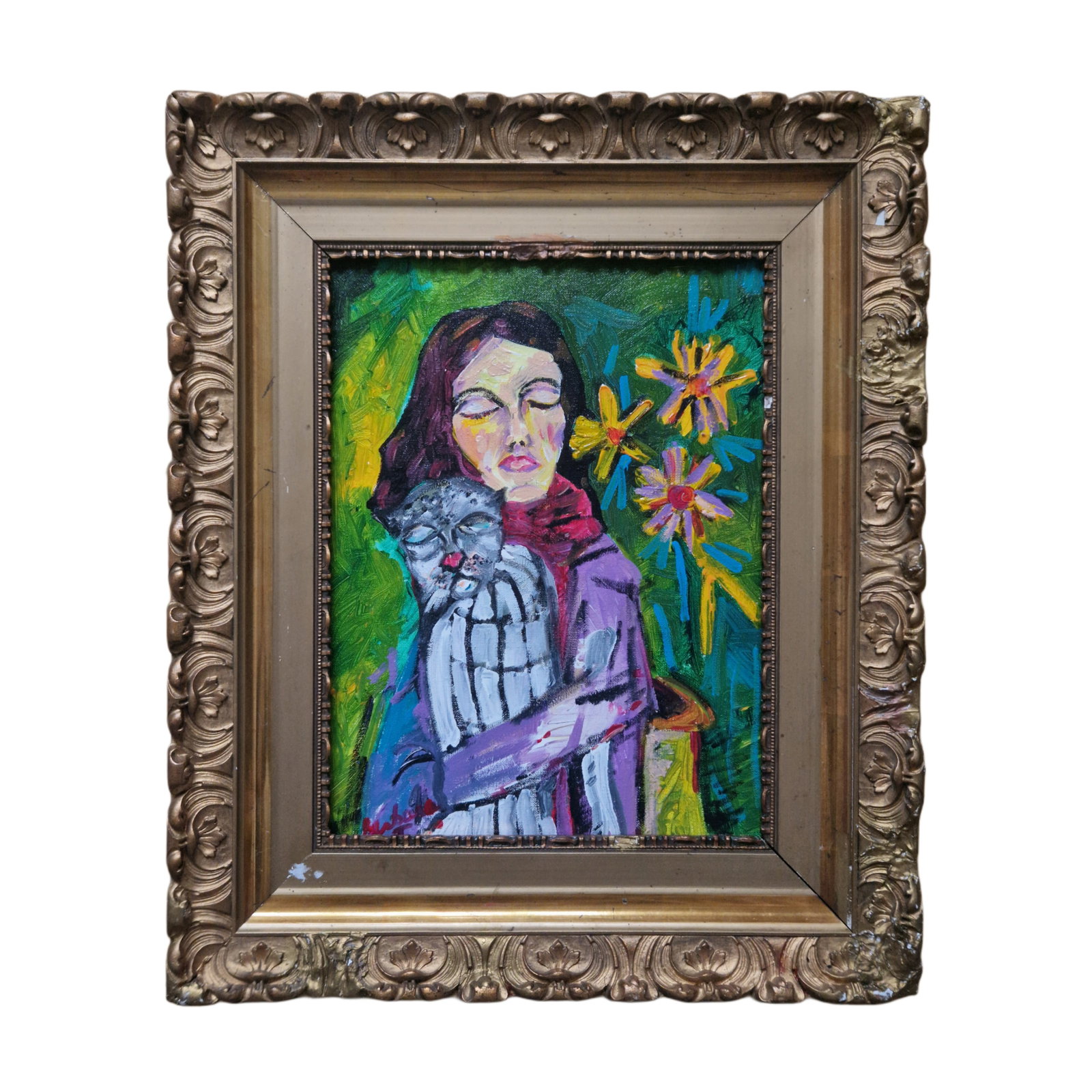 Signed - Expressionist Figure with Cat, Oil on Canvas: Oil on canvas depicting an expressive figure embracing a cat, rendered with bold brushwork and a vibrant palette. The composition features stylized facial forms and floral elements set against a richl