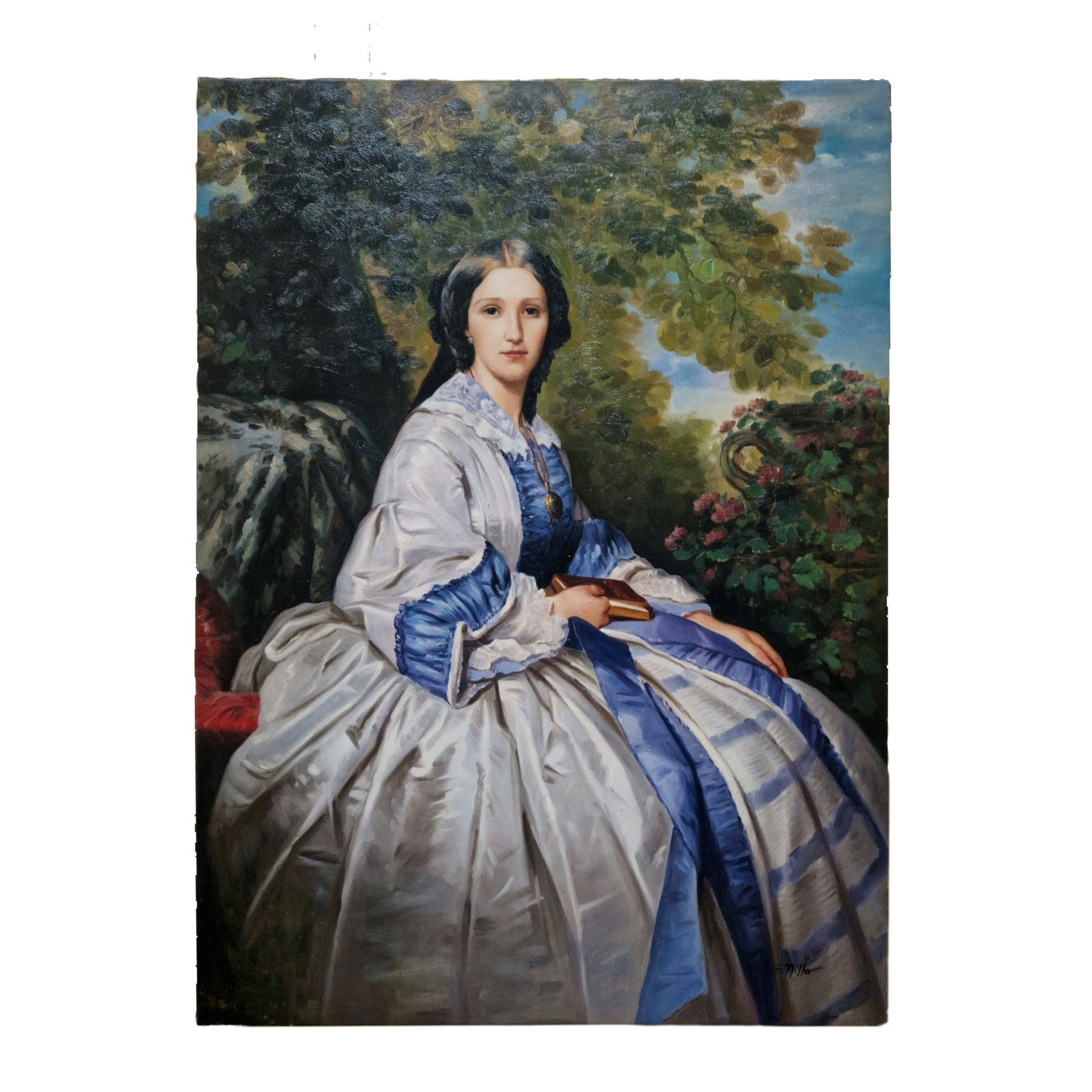 G. Miller - Portrait of a Lady in a Garden, Oil on Canvas: Oil on canvas depicting an elegant seated lady in a flowing white dress with blue accents, holding a book within a garden setting. The composition is rendered with refined brushwork and soft tonal tra