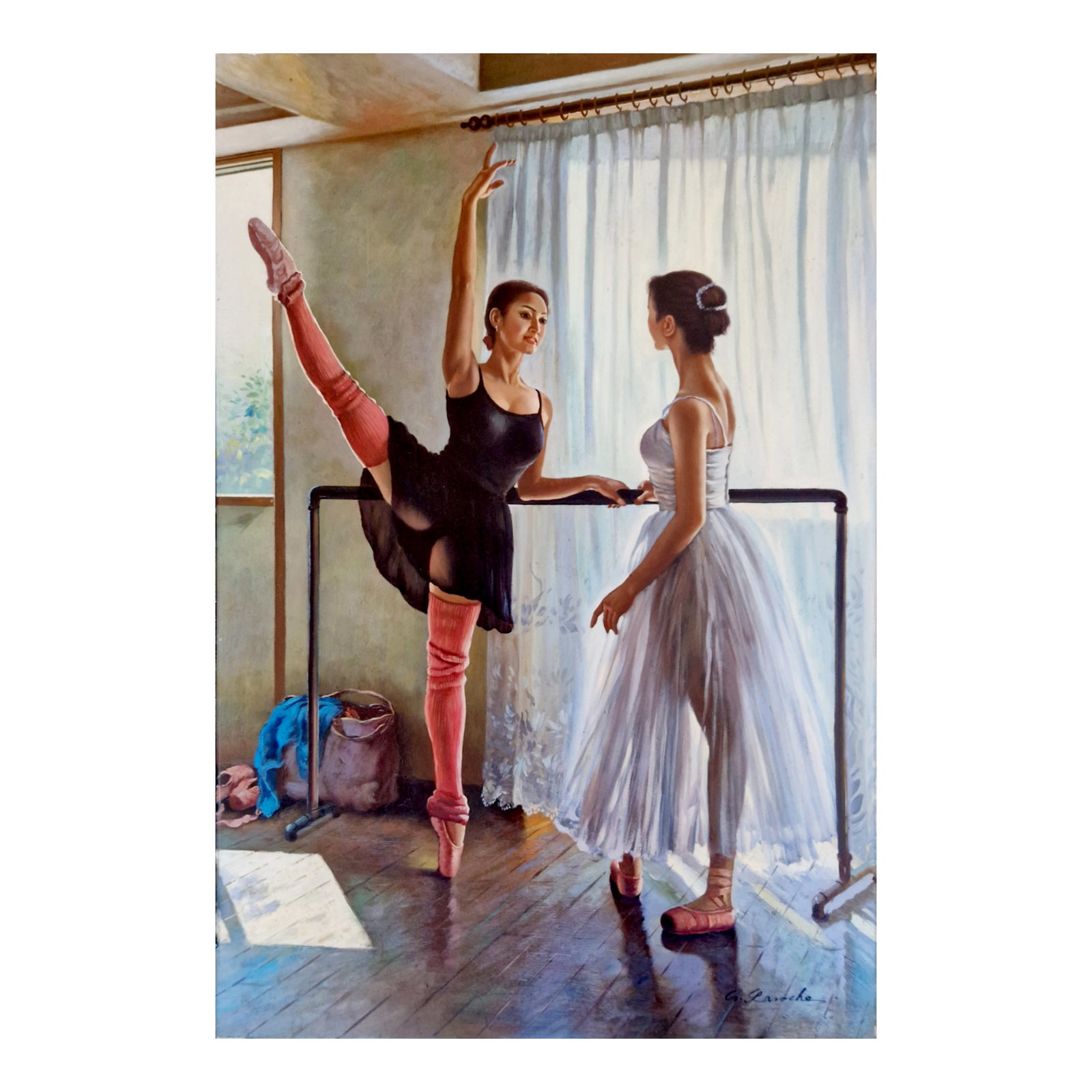 G. Laroche - Ballet Practice, Oil on Canvas: Oil on canvas depicting two ballet dancers practicing at a barre in an interior setting. One dancer is shown in a raised leg position, wearing a black dress with pink leg warmers, while the other stan