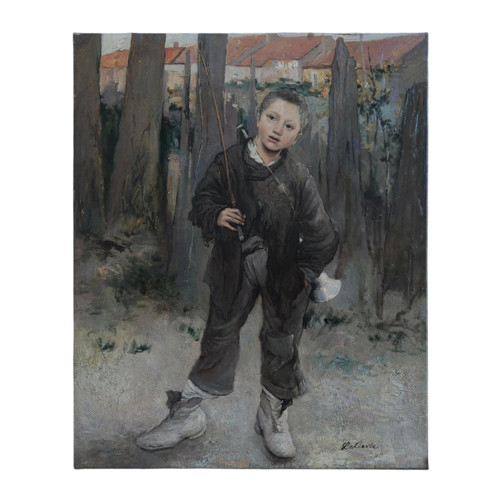 Lelievre - Young Boy with Fishing Rod, Oil on Canvas: Oil on canvas depicting a young boy standing in a rustic outdoor setting, holding a fishing rod beside a wooden fence. The composition is rendered in a naturalistic, academic style with muted earth to