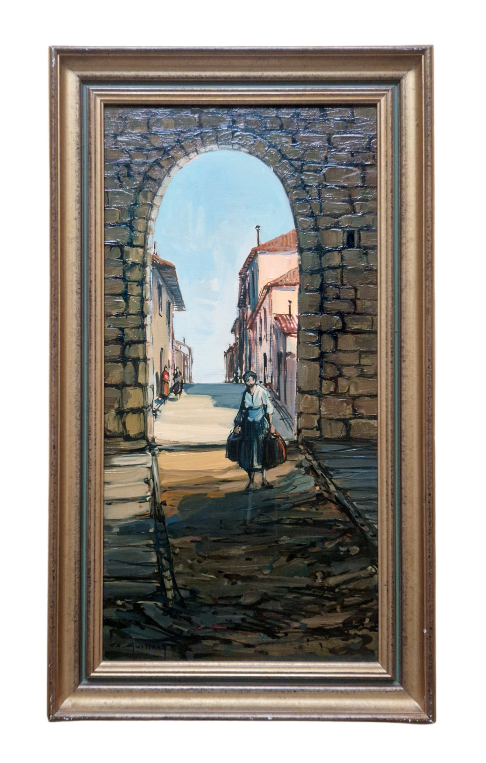 A. Guillou - European Street Scene with Archway, Oil on Canvas: Oil on canvas depicting a European street scene framed by a stone archway, with a figure walking toward the viewer carrying bags. The composition creates strong depth and perspective, leading the eye 