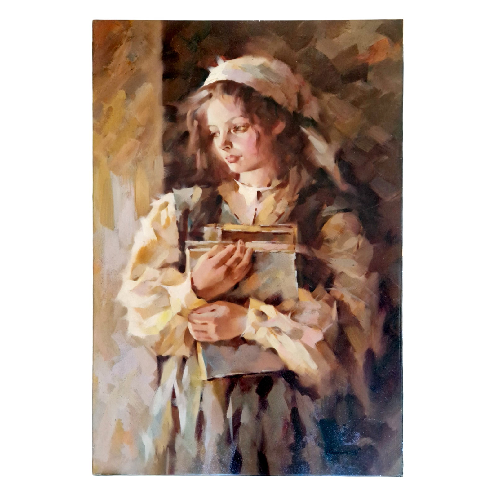 James W. - Young Girl Holding a Book, Oil on Canvas: Oil on canvas depicting a young girl in soft, warm light, gently holding a book against her chest. The composition is rendered with loose, expressive brushwork and a luminous palette, emphasizing the 