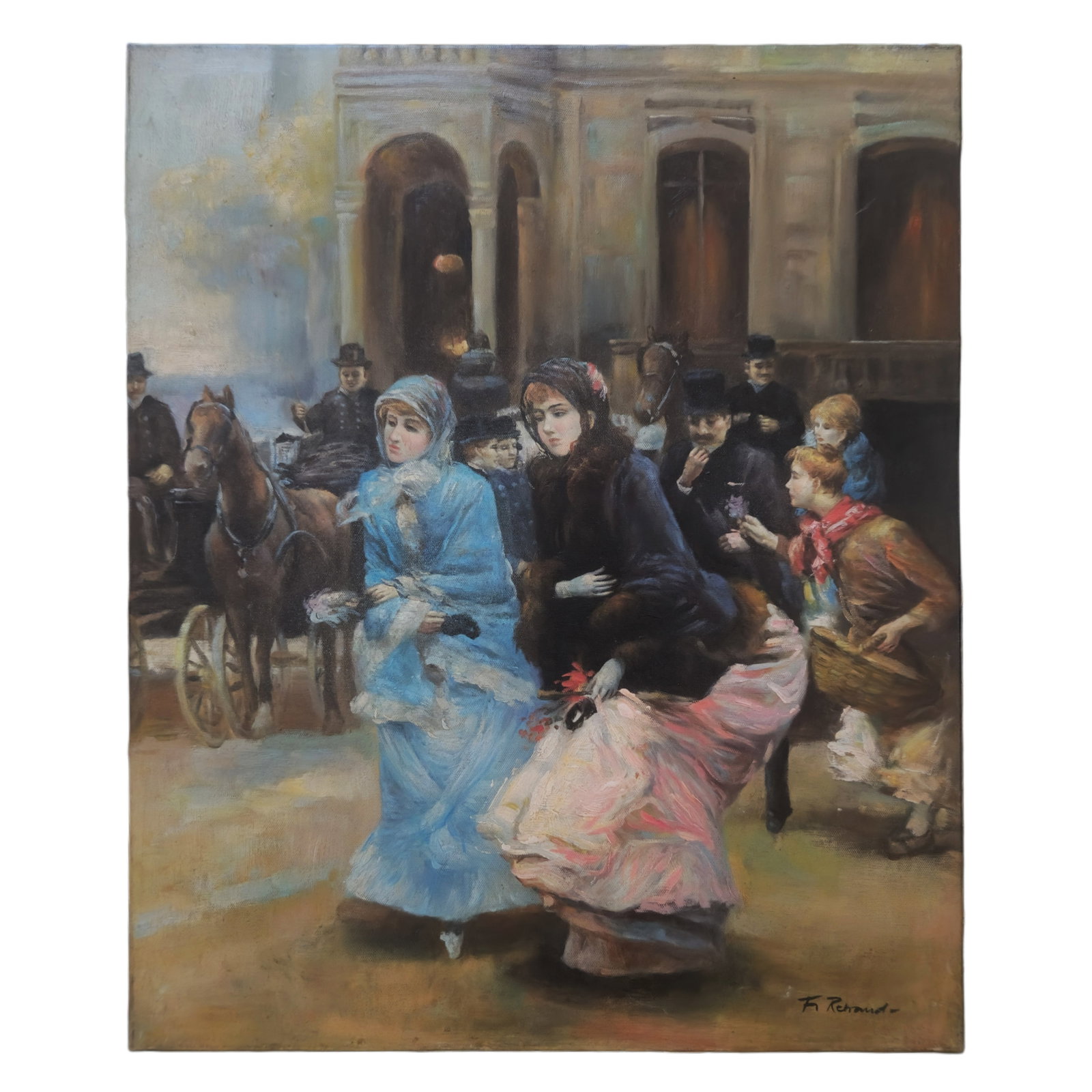 F. Renard - Elegant Street Scene, Oil on Canvas: Signed oil on canvas by F. Renard, circa late 20th century, depicting elegantly dressed figures in a bustling city street with horse-drawn carriage and architectural backdrop. Painted in a refined Bel