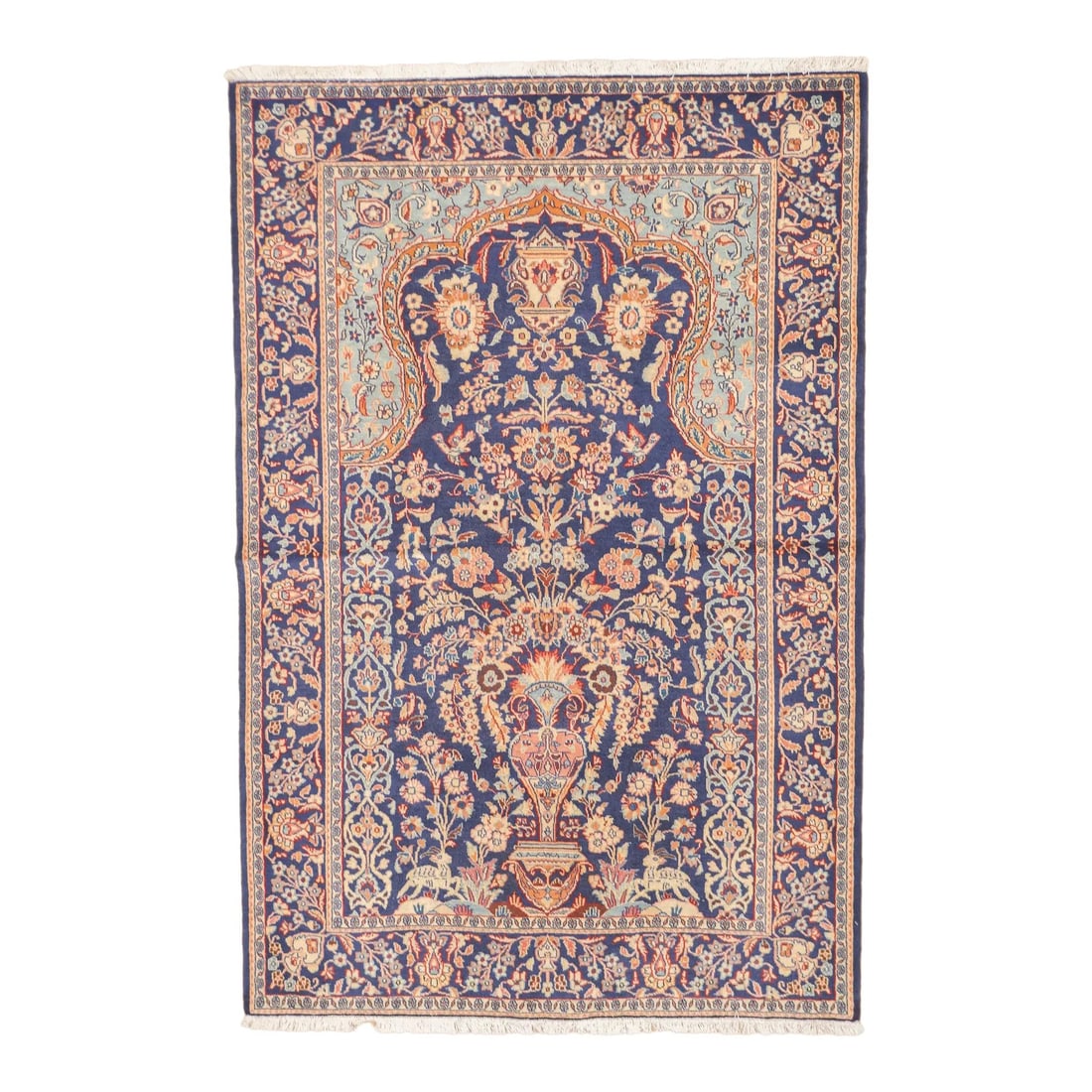 Vintage Hand-Knotted Persian Ardebil Rug 4'3" x 6'9": Fine vintage hand-knotted Persian Ardebil rug with a large geometric medallion on a dark navy field. The design includes stylized tribal and geometric motifs arranged symmetrically, framed by multiple