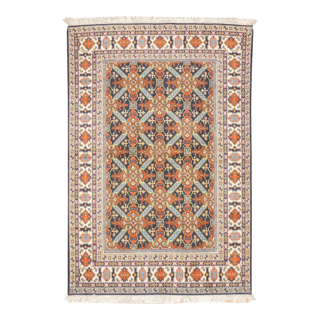 Vintage Hand-Knotted Persian Ardebil Rug 4'6" x 6'7": Fine vintage hand-knotted Persian Ardebil rug with an allover geometric lattice pattern formed by interconnected stylized motifs across a dark field. The design is framed by several borders with repea
