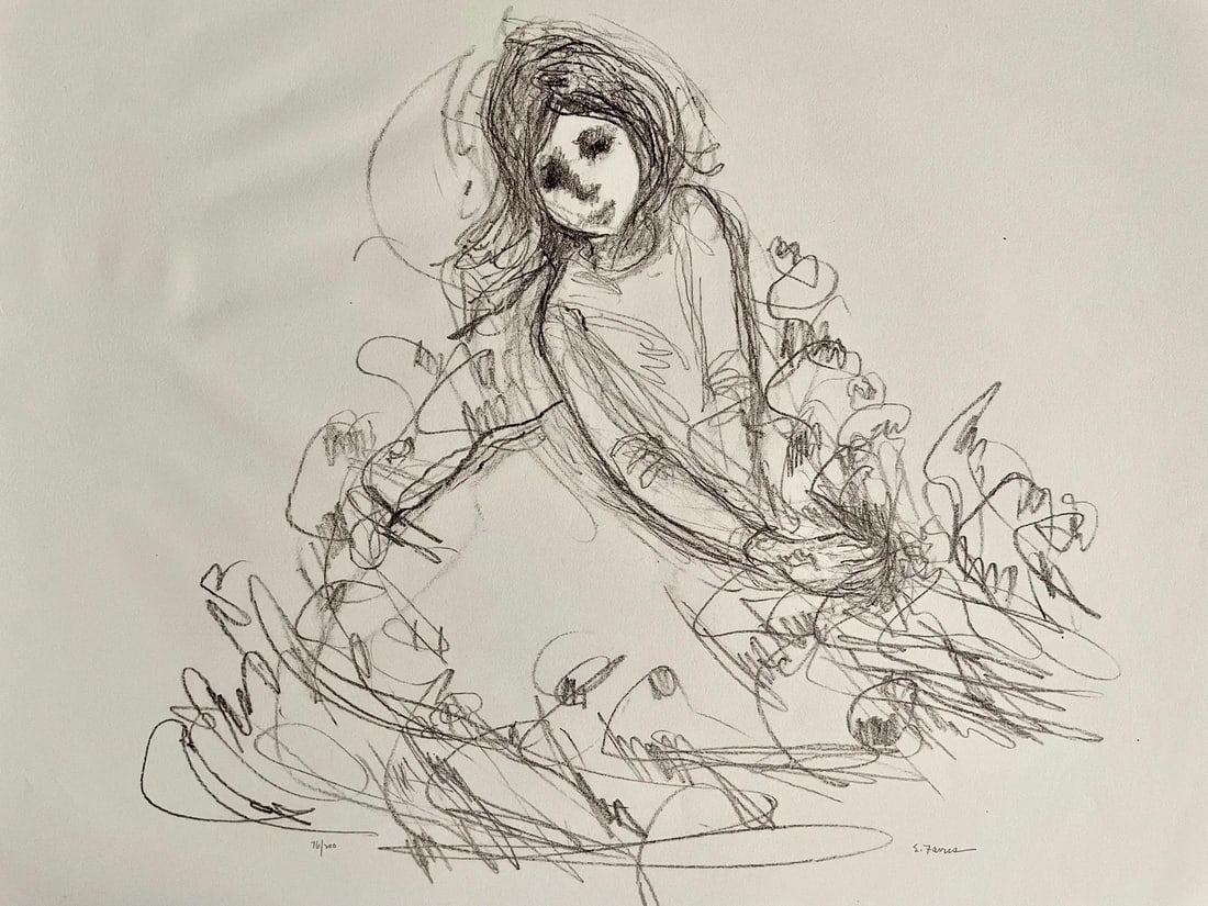 Evelyn Favus - Seated Girl, Lithograph: Lithograph on paper by Evelyn Favus depicting a seated girl in an expressive figural composition. Signed lower right and numbered 76/200 lower left. Circa 1960s-1970s. Sheet size: 16 _ 17 in.