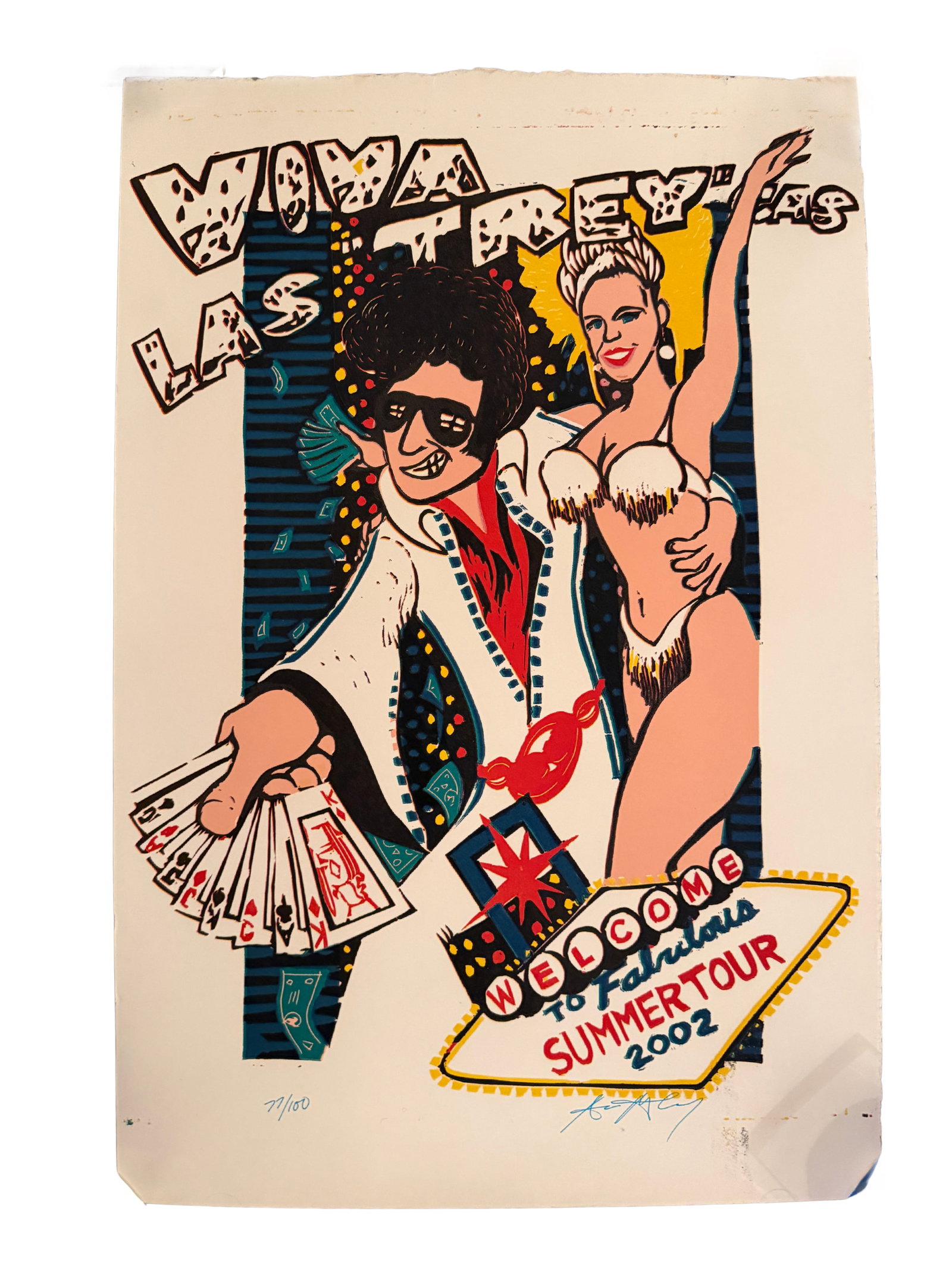 "Viva Las Trey - Welcome to Fabulous Summer Tour 2002" Limited Edition Poster: Limited edition concert poster produced for the 2002 summer tour of Trey Anastasio of Phish. The design references the Las Vegas welcome sign and casino imagery, depicting a stylized performer in a sh