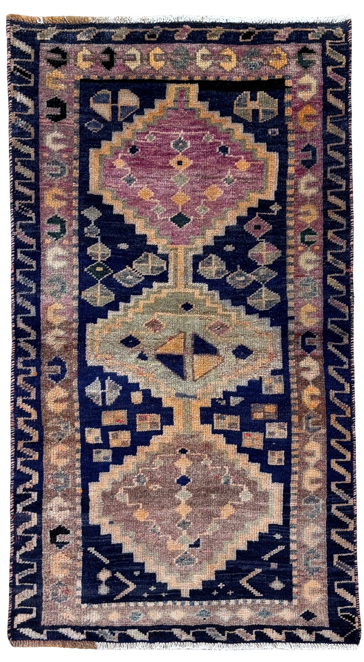 Vintage Lori (Loristan) Hand-Knotted Rug 3'1" X 5'6"v: Hand-knotted tribal rug from the Lori tribes of western Iran, featuring three large geometric medallions aligned along the central axis within a deep navy field. The design is rendered in a bold, prim