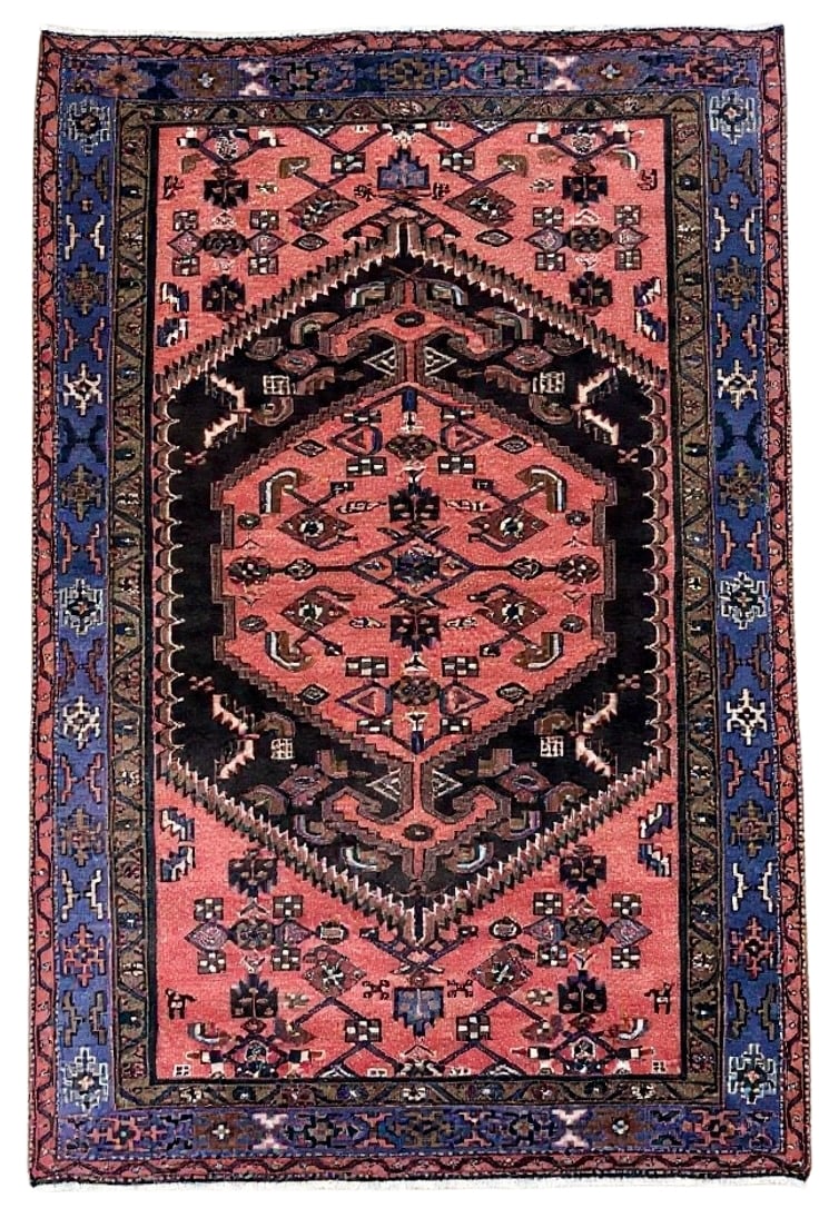 Antique Zanjan Hand-Knotted Rug 4'4" X 7'7": Antique hand-knotted rug from the Zanjan region in northwest Iran, featuring a large stepped central medallion set within a warm coral field. The design incorporates angular tribal motifs, including s