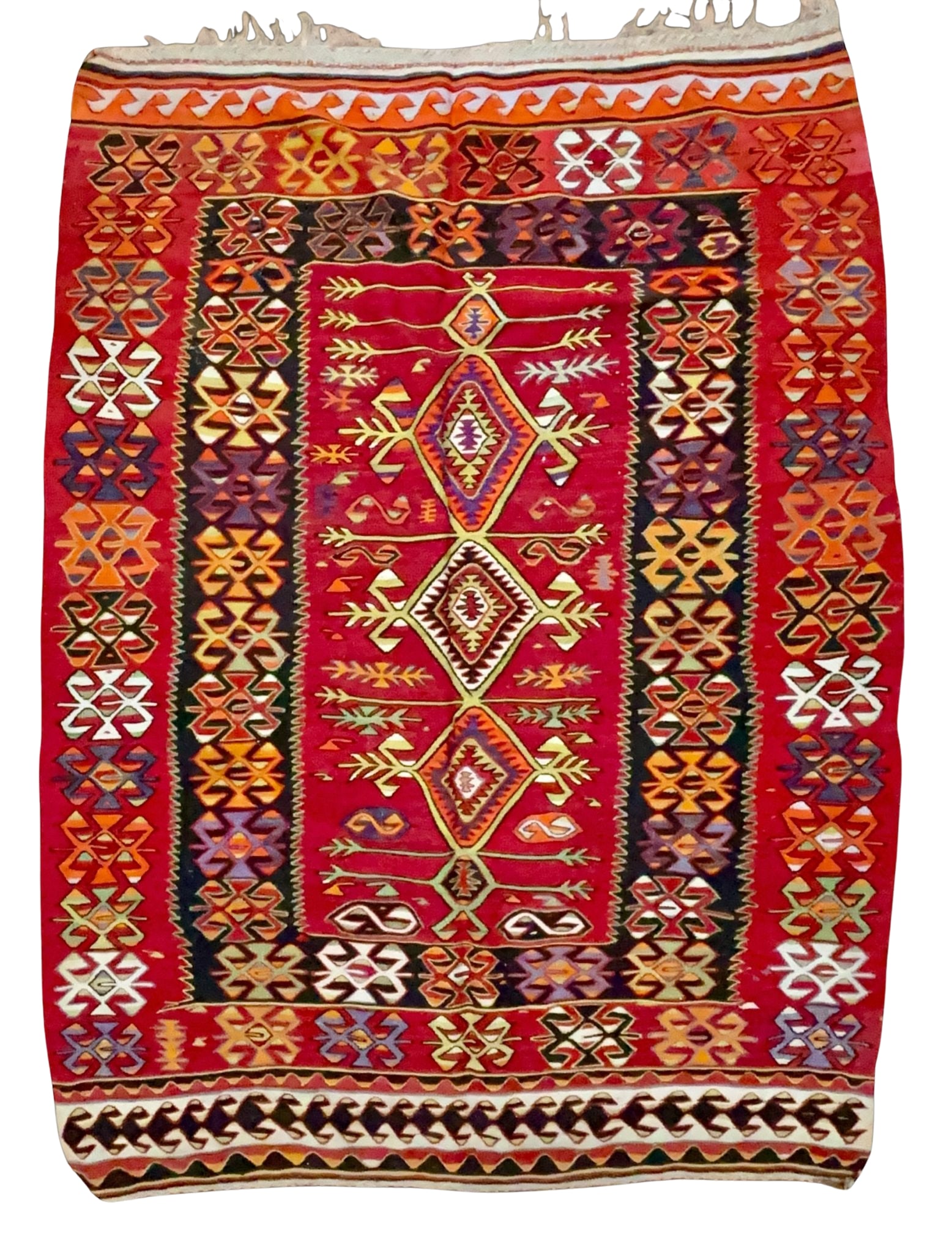 Authentic 1950s Anatolian Tribal Kilim Rug Turkish Flatweave 5'1" x 6'8": Handwoven Anatolian tribal kilim, Turkey, circa 1950s. Wool flatweave with geometric medallions and stylized tribal motifs in shades of red, orange, ivory, black, lavender, and olive. Multiple geometr