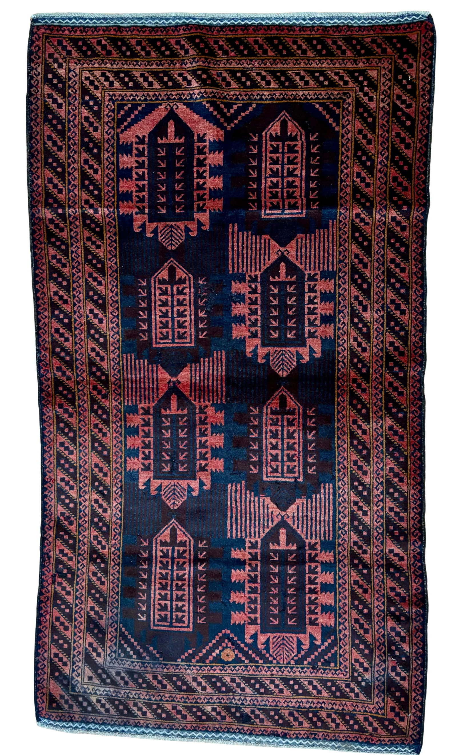 Vintage Beluch Wool Rug 3'7" x 6'8": Hand-knotted Beluch wool rug, measuring 3'7" x 6'8", with repeating geometric tribal motifs on a deep indigo field with muted red and brown accents. Multiple angular borders surrounding the field with
