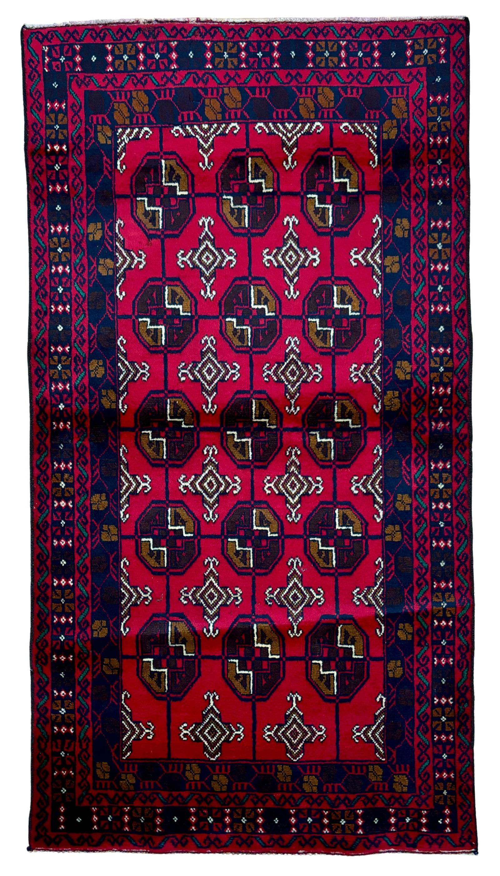 Vintage Turkmen Wool Rug 3'5" x 6'5": Hand-knotted Turkmen wool rug, measuring 3'5" x 6'5", with repeating octagonal gul motifs on a vivid red field with dark indigo, ivory, and brown accents. Framed by multiple geometric borders with tra