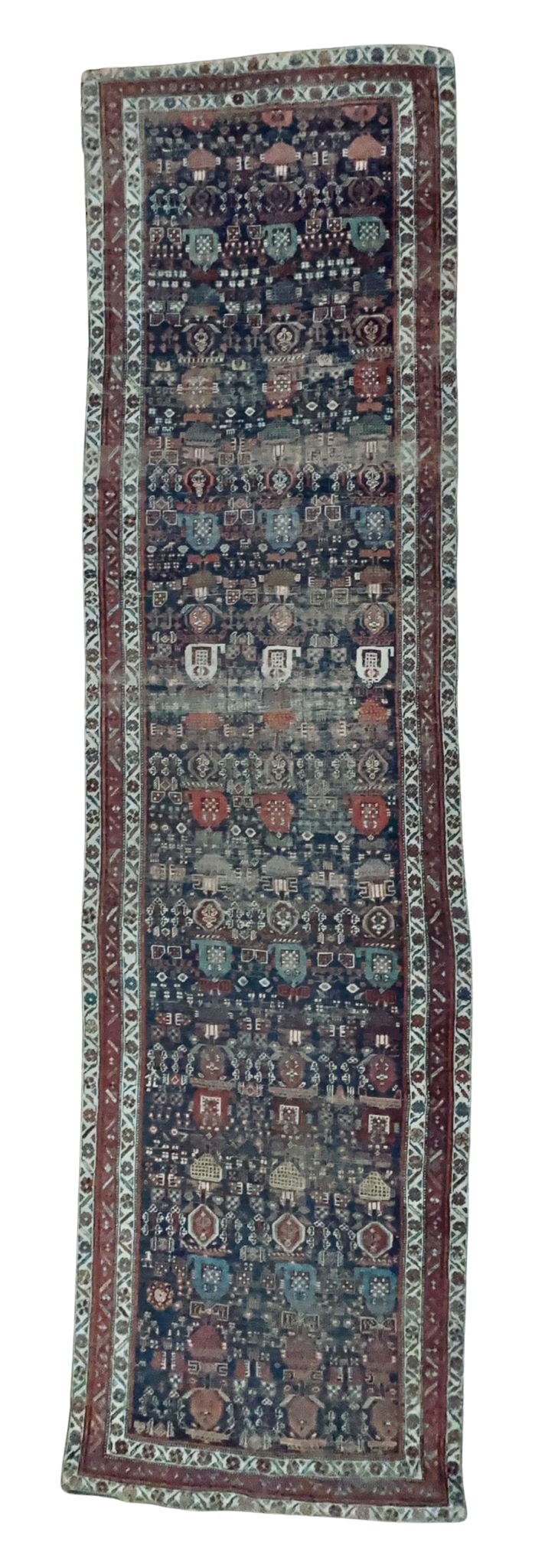 Pre-1900 Persian Hamadan Wool Runner 3'7" x 13'8": Antique pre-1900 Persian Hamadan wool runner featuring an allover geometric tribal pattern in muted navy, rust, ivory, and soft earth tones with multiple borders and traditional village motifs. Hand-k